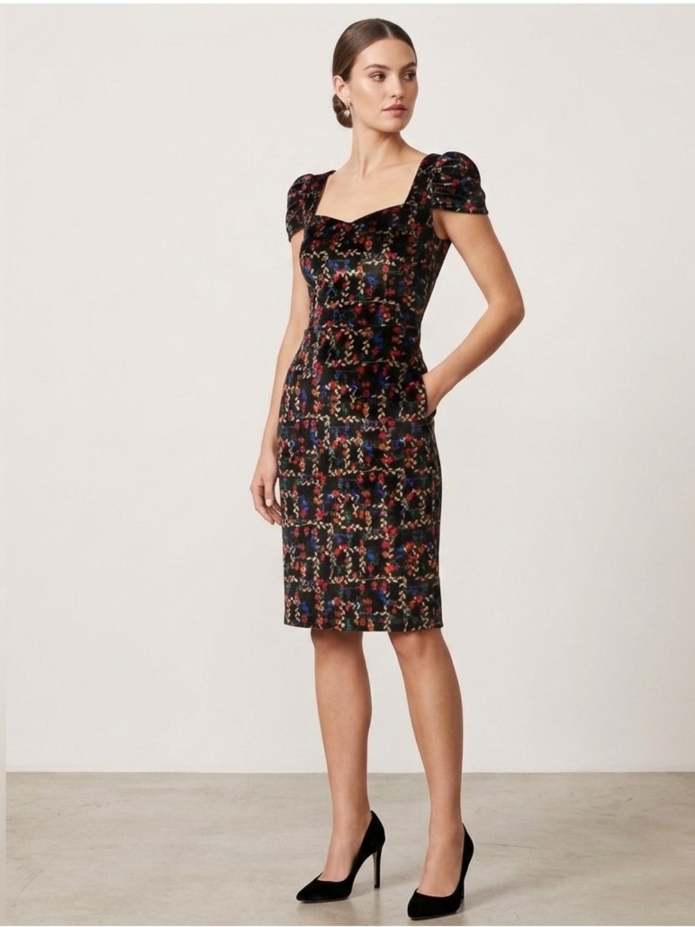 Floral Velvet Smocked Back Dress w/ Pockets